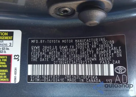 2010 Toyota Corolla S z USA, uszkodzony, nr VIN 2T1BU4EE3AC282313